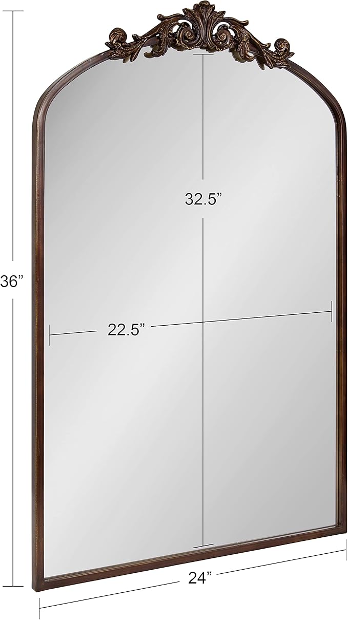 Kate and Laurel Arendahl Ornate Traditional Arched Mirror; 24 x 36; Bronze; Baroque Style Arched Wall Mirror with Crown