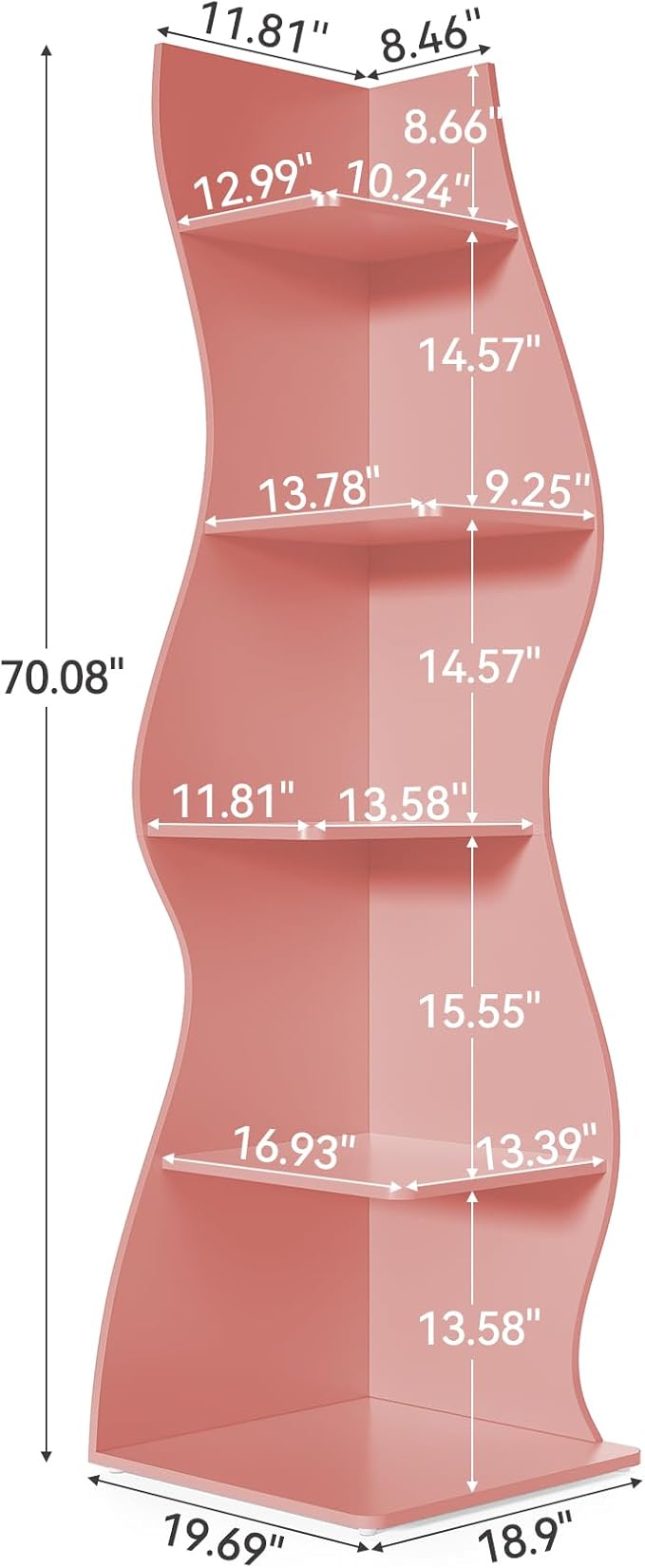 LITTLE TREE 70-Inch Corner Shelf, Seaweed Shaped Etagere Display Bookshelf, Freestanding 5-Tier Wall Shelves for Small Spaces, Living Room, Bedroom, Pink, 2 Pack