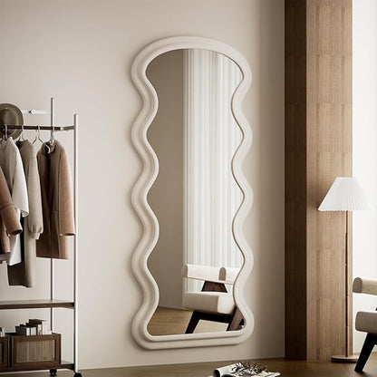 Koonmi 63"x24" Irregular Mirror Full Length, Large Full Body Freely Standing Mirror, Flannel Wave Floor Mirror with Stand for Bedroom, Living Room, Hanging or Against The Wall, White