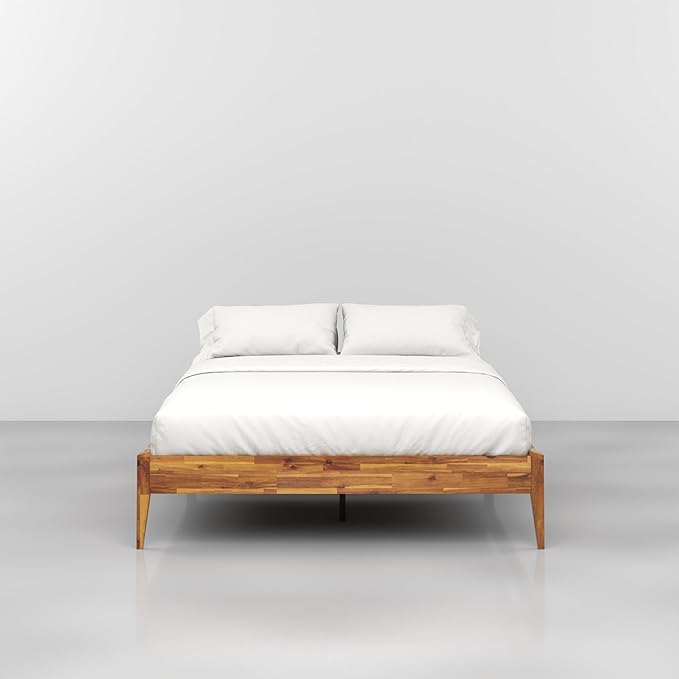 Bme Dinkee Wooden Queen Bed Frame, 15 Inch Height, Elegant Minimalist Modern Design with Japanese Joinery, Durable Wood Slats for Reliable Support, No Box Spring Required, Caramel