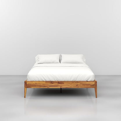 Bme Dinkee Wooden Queen Bed Frame, 15 Inch Height, Elegant Minimalist Modern Design with Japanese Joinery, Durable Wood Slats for Reliable Support, No Box Spring Required, Caramel