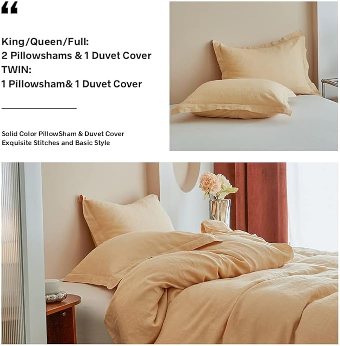 Simple&Opulence 100% Linen Duvet Cover Set, Natural French Flax Sand Duvet Cover Twin Size, Breathable Soft Comfy Linen Bedding Comforter Cover with 1 Pillowcase(Sand, 68"x86")