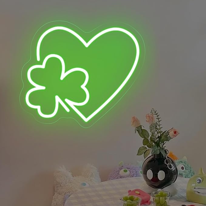 Clover Leaf Heart LED Neon Sign,St. Patrick Shamrock Neon Light, Saint Patricks Day Gift,Lucky Four Leaf Led Sign Wall Hanging For Party Favors, Classroom, Man Cave Bar Pub Home Party Room
