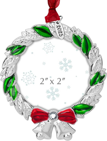 2025 Christmas Ornaments 2 inch Picture Frame Metal Hanging Pendant for Tree Small Decorative Keepsake, Display Photo for Baby and Pet (Wreath (2025))