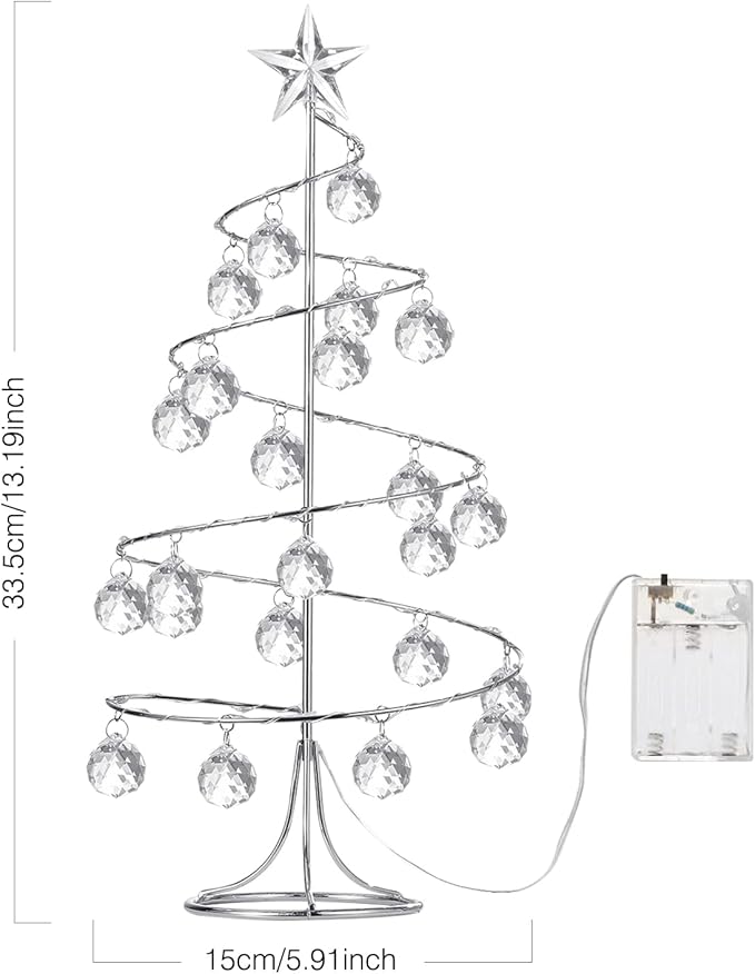 Lewondr Christmas Tree Lamp, 13 Inch Battery/USB Powered Crystal Spiral Christmas Tree Lava Lamp with Star Topper, Xmas Tree Light with Metal Stand Acrylic Balls for Home Bedroom Xmas, Silver