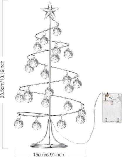 Lewondr Christmas Tree Lamp, 13 Inch Battery/USB Powered Crystal Spiral Christmas Tree Lava Lamp with Star Topper, Xmas Tree Light with Metal Stand Acrylic Balls for Home Bedroom Xmas, Silver