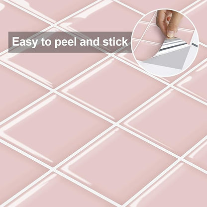 Alwayspon 10 Sheets 10"x10" Pink 3D Vinyl Backsplash Tiles, Self-Adhesive Peel and Stick Wall Tile Stickers Stick on Subway Tiles for Kitchen Bathroom Wall