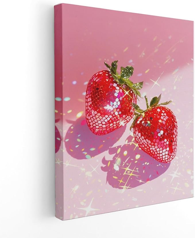 APJYM Funky Y2K Disco Ball Strawberry Wall Art, Trendy Retro 70s Preppy Pink Girly Strawberry Aesthetic Canvas Wall Art for Girls Room Bedroom Dorm Apartment Decor, 11x14 Inches Framed