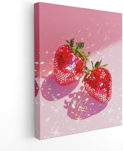 APJYM Funky Y2K Disco Ball Strawberry Wall Art, Trendy Retro 70s Preppy Pink Girly Strawberry Aesthetic Canvas Wall Art for Girls Room Bedroom Dorm Apartment Decor, 11x14 Inches Framed