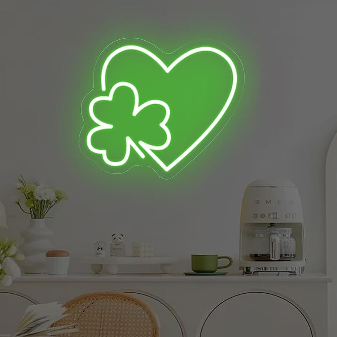 Clover Leaf Heart LED Neon Sign,St. Patrick Shamrock Neon Light, Saint Patricks Day Gift,Lucky Four Leaf Led Sign Wall Hanging For Party Favors, Classroom, Man Cave Bar Pub Home Party Room