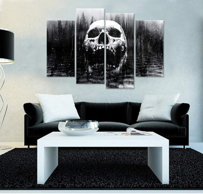 iHAPPYWALL Halloween Day of Dead Skull in Dark Foggy Lake Abstract Black and White Contemporary Picture Print 4 Panel Large Canavs for Modern Home Decoration Ready to Hang