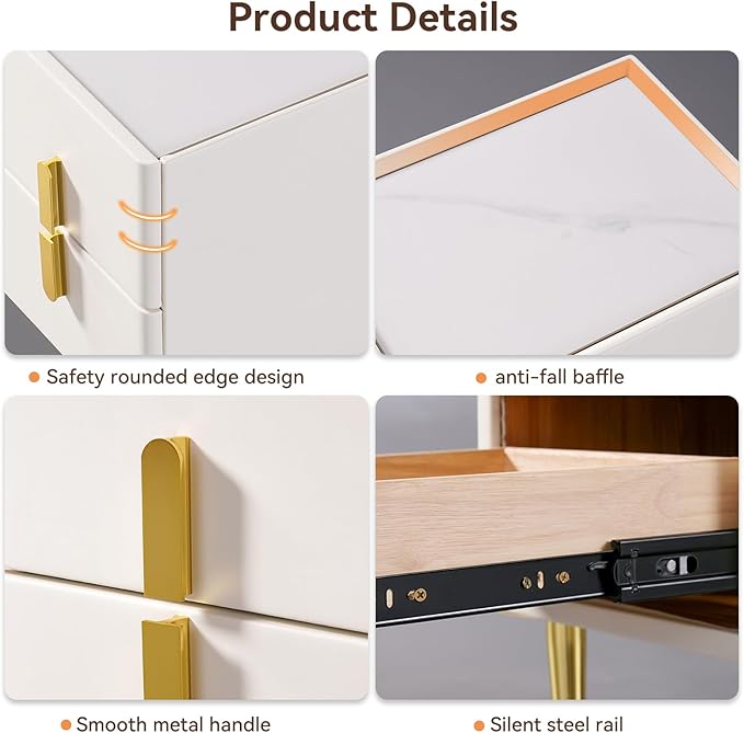 homary Modern Narrow Night Stand, Off White Nightstand with 2 Drawer, Beige Bedside Table in Gold Legs for Bedroom
