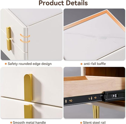 homary Modern Narrow Night Stand, Off White Nightstand with 2 Drawer, Beige Bedside Table in Gold Legs for Bedroom