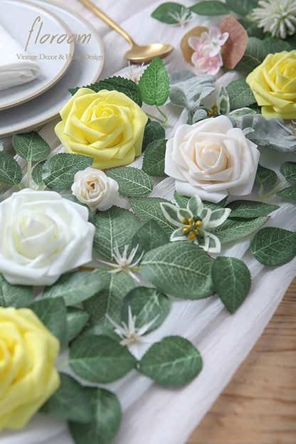Floroom Artificial Flowers 50pcs Real Looking Cream Foam Fake Roses with Stems for DIY Wedding Bouquets Bridal Shower Centerpieces Floral Arrangements Party Tables Home Decorations