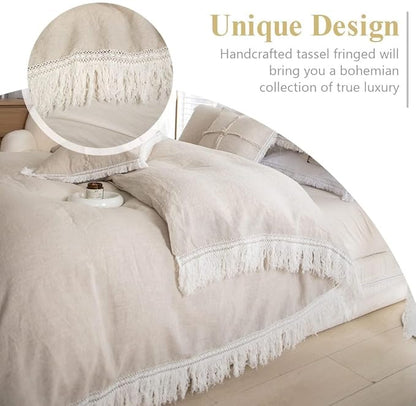 Simple&Opulence 100% Linen Boho Duvet Cover,2pcs Bohemian Textured Collection Bedding Set for All Seasons,French Country Comforter Cover Set with Pillow Shams(Twin, Tassel-Linen)