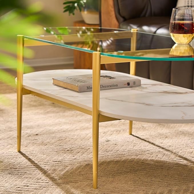 AGV LIGHTING Oval Rectangle Coffee Table with Clear Glass Top, Modern Coffee Table, White Marble MDF Shelf and Glod Metal Legs, Capsule Shape 2 Tier Coffee Table for Living Room, 42 Inch
