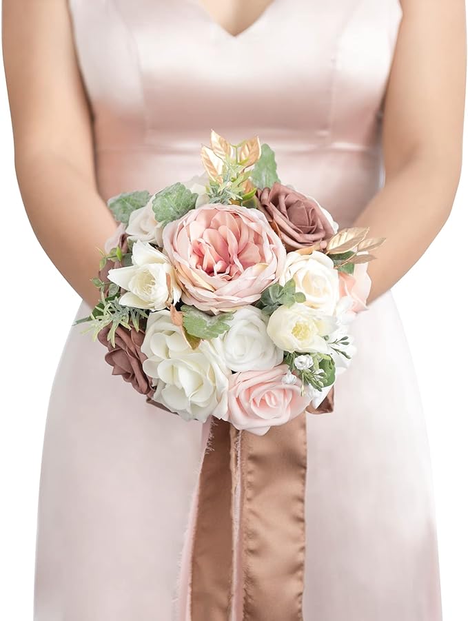 Ling's moment Artificial Flowers Pink Bridesmaid Bouquet, Dusty Rose Wedding Flowers Bouquets for Bridesmaids, 7 Inch Bridal Bouquets for Bridesmaids, Wedding, Ceremony, Anniversary, etc