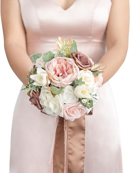 Ling's moment Artificial Flowers Pink Bridesmaid Bouquet, Dusty Rose Wedding Flowers Bouquets for Bridesmaids, 7 Inch Bridal Bouquets for Bridesmaids, Wedding, Ceremony, Anniversary, etc