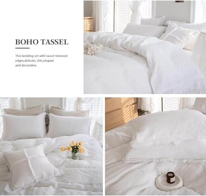 Simple&Opulence 100% Linen Boho Duvet Cover,3pcs Bohemian Textured Collection Bedding Set for All Seasons,French Country Comforter Cover Set with Pillow Shams(Full, Tassel-White)