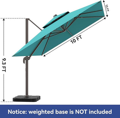 10x13FT Cantilever Outdoor Patio Umbrellas, Double Top Large Rectangle Umbrella, Heavy Duty 360° Rotation Offset Outdoor Sun Shade Umbrella for Garden Deck Pool Backyard, Turquoise