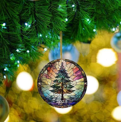 Christmas Ornaments 2025, Stained Glass Style, Round Fun Acrylic Decoration Gifts (Christmas Tree)