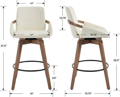 Mid-Century Swivel Bar Stools Set of 6, 26.5 inch Counter Height Barstools PU Leather Bar Chairs with Wooden Frame for Kitchen Island Dining Room, Beige