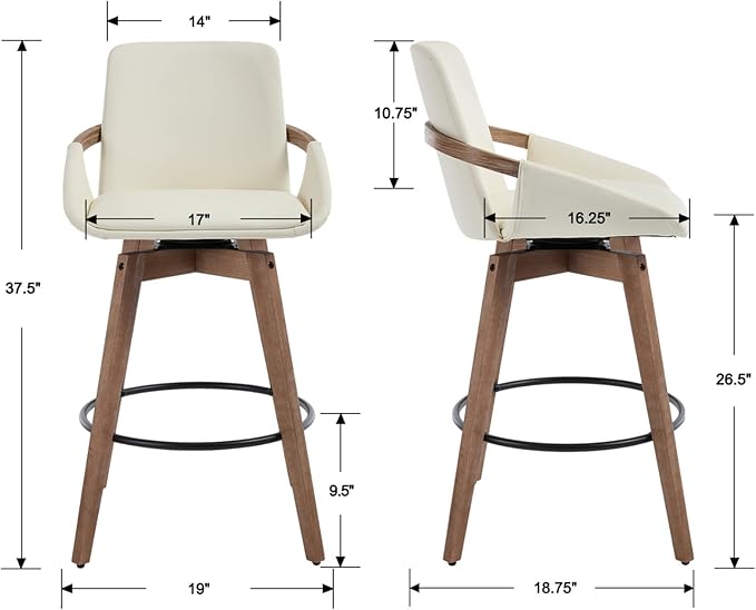 Mid-Century Swivel Bar Stools Set of 4, 26.5 inch Counter Height Barstools PU Leather Bar Chairs with Wooden Frame for Kitchen Island Dining Room, Beige