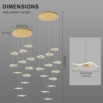 ziidoo High Ceiling Chandelier - 12-Light Dimmable Modern Gold Long Spiral Luxury Linear Lotus Leaf Led Lamp Hanging Pendant Lights for Foyer Enterway Staircase Villas