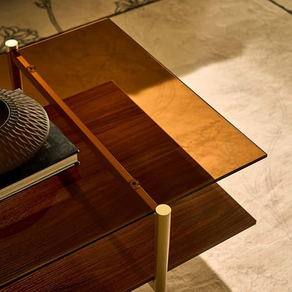 AGV LIGHTING Tadio Large Glass Coffee Table, Mid-Century Modern Coffee Table for Living Room, Gold Finish Leg, Coffee Brown Glass Top & Walnut Brown Shelf, 47 in