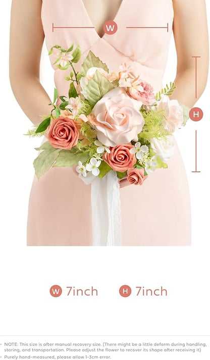 Ling's moment Artificial Flowers Pink Bridesmaid Bouquet, Blush Garden Wedding Flowers Bouquets for Bridesmaids, 7 Inch Bridal Bouquets for Bridesmaids, Wedding, etc
