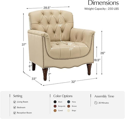 HULALA HOME Mid Century Modern Leather Club Chairs, Top-Grain Genuine Leather Armchairs with Button-Tufted Back & Solid Wood Legs, Accent Chairs for Living Room/Bedroom/Home Office, Beige