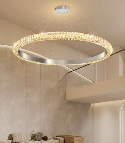 40" 1 Ring Crystal Chandelier Modern LED Dimmable Ring Pendant Light Chandelier for Dining Room Living Room Silver