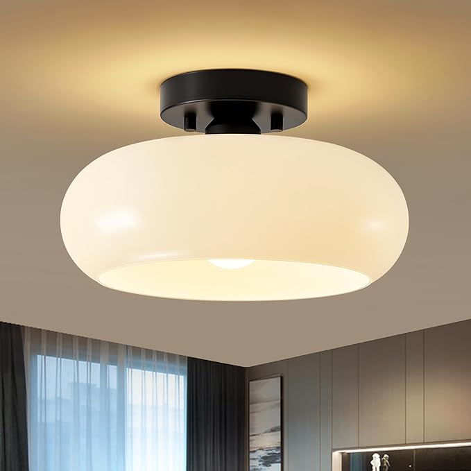 Mid-Century Modern Semi Flush Mount Ceiling Light, Metal Kitchen Light Fixture with Glass Shade,Vintage White and Black Colse to Ceiling Lamp for Entryway Hallway Bathroom (11.0 Inch)