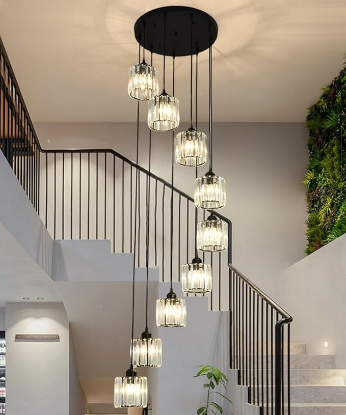 Long Chandeliers for High Ceilings,Modern Crystal Pendant Light,Raindrop Drop Lamp,Hanging Lighting Fixtures for Spiral Staircase,Foyer,Entryway,Living Room,Black (9 Lights)