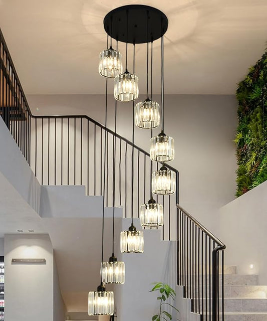 Long Chandeliers for High Ceilings,Modern Crystal Pendant Light,Raindrop Drop Lamp,Hanging Lighting Fixtures for Spiral Staircase,Foyer,Entryway,Living Room,Black (9 Lights)