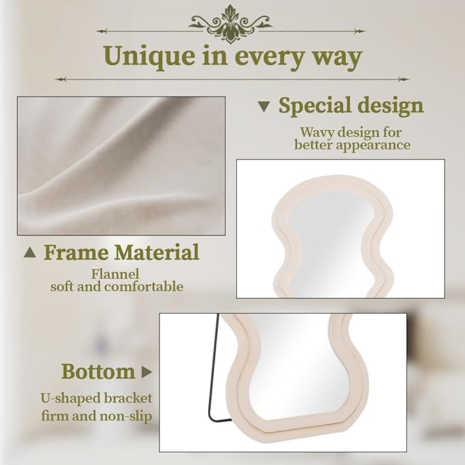 Koonmi 63"x24" Irregular Mirror Full Length, Large Full Body Freely Standing Mirror, Flannel Wave Floor Mirror with Stand for Bedroom, Living Room, Hanging or Against The Wall, White