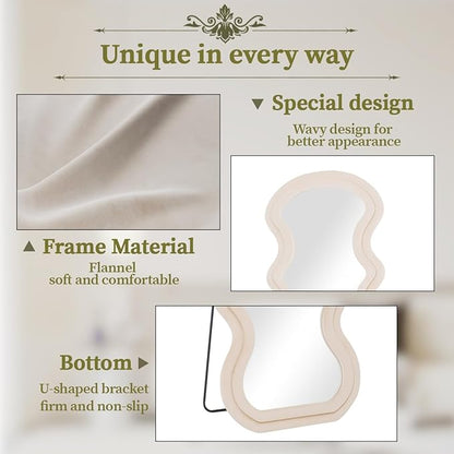 Koonmi 71"x32" Irregular Mirror Full Length, Large Full Body Freely Standing Mirror, Flannel Wave Floor Mirror with Stand for Bedroom, Living Room, Hanging or Against The Wall, White