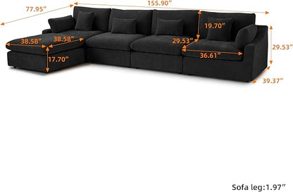 Cloud Couch Modular Sectional Sofa,156" L Shaped Couch, Oversized Down Filled Convertible Wide Seater,4 Seater with Ottoman for Living Room Set, Covers Washable&Replaceable,Black