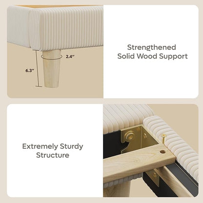 Bestier Queen Bed Frame with Adjustable Headboard, LED Lighting, Vertical Channel Tufted Corduroy Upholstered, Solid Wooden Slats Support, No Box Spring Needed, Never Squeaks, Easy Assembly, Beige