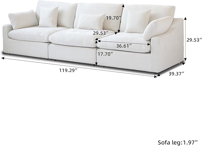 Cloud Couch Modular Sectional Sofa,119.2" 3Seater Wide Couch,Down Filled Convertible Living Room Set, Covers Washable&Replaceable,White