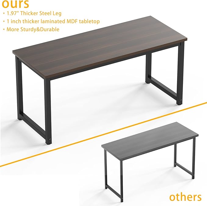 NSdirect Large Desk for Home Office, Large 63” Computer Desk Table, Wide Writing Study Desk for 2 Person, Metal Sturdy Frame Thicker Steel Legs, Black Chocolate