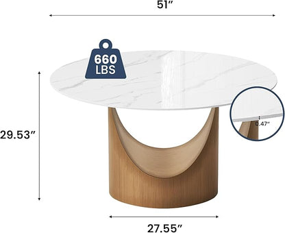 POVISON Round Dining Table for 4-6 with 23" Lazy Susan 51" Glossy White Sintered Stone Tabletop with Bronze Carbon Steel Pedestal