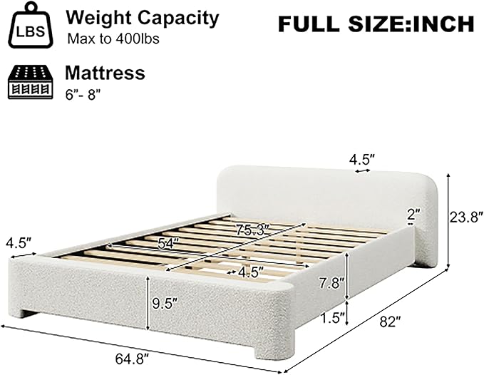 Full Size Bed Frame, Upholstered Cloud Boucle Platform Beds Frames with Headboard, Anti-Collision Soft Rounded Corners Footboard, No Box Spring Required, Easy Assembly (23.8" White, Full)