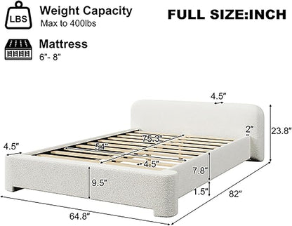 Full Size Bed Frame, Upholstered Cloud Boucle Platform Beds Frames with Headboard, Anti-Collision Soft Rounded Corners Footboard, No Box Spring Required, Easy Assembly (23.8" White, Full)