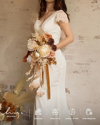 Ling's moment Boho Bridal Bouquet Cascading, Rustic Wedding Bouquets for Bride, 15 Inch Silk Fall Artificial Wedding Flower Bouquet