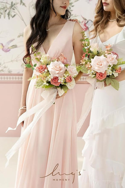 Ling's moment Artificial Flowers Pink Bridesmaid Bouquet, Blush Garden Wedding Flowers Bouquets for Bridesmaids, 7 Inch Bridal Bouquets for Bridesmaids, Wedding, etc