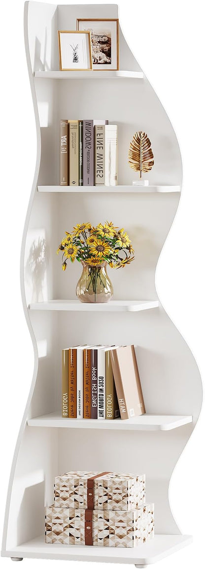Tribesigns Wavy Corner Shelf, Modern 5-Tier Bookshelf Bookcase with Curvy Shape, Unique Plant Stand Display Rack for Living Room Small Space (White)