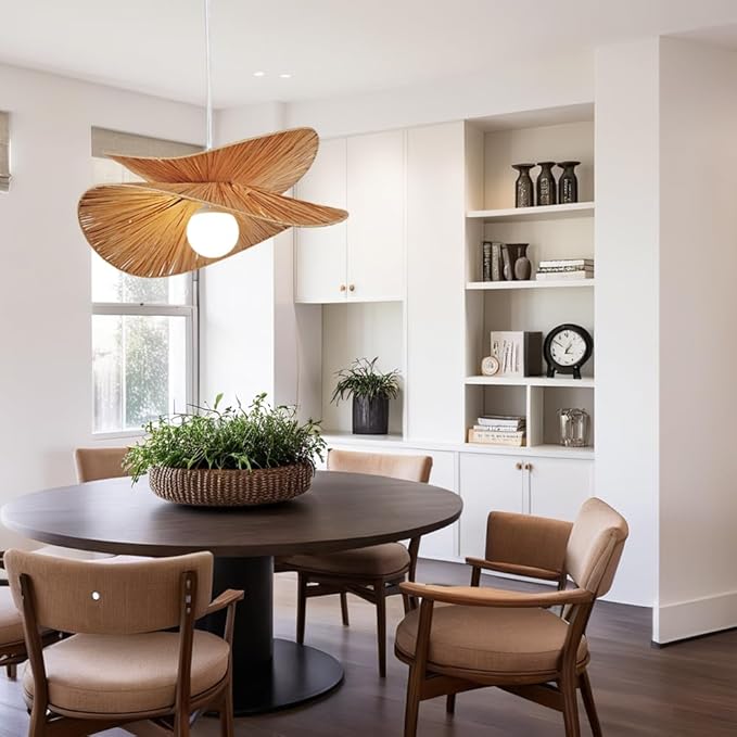 Natural Abaca Woven Pendant Light, Hand-Made Weaved Ceiling Light with Organic Weaved Leaf Finish, 20 Inch Diam Hanging Pendant Light for Bedroom, Living Room, Dining Room