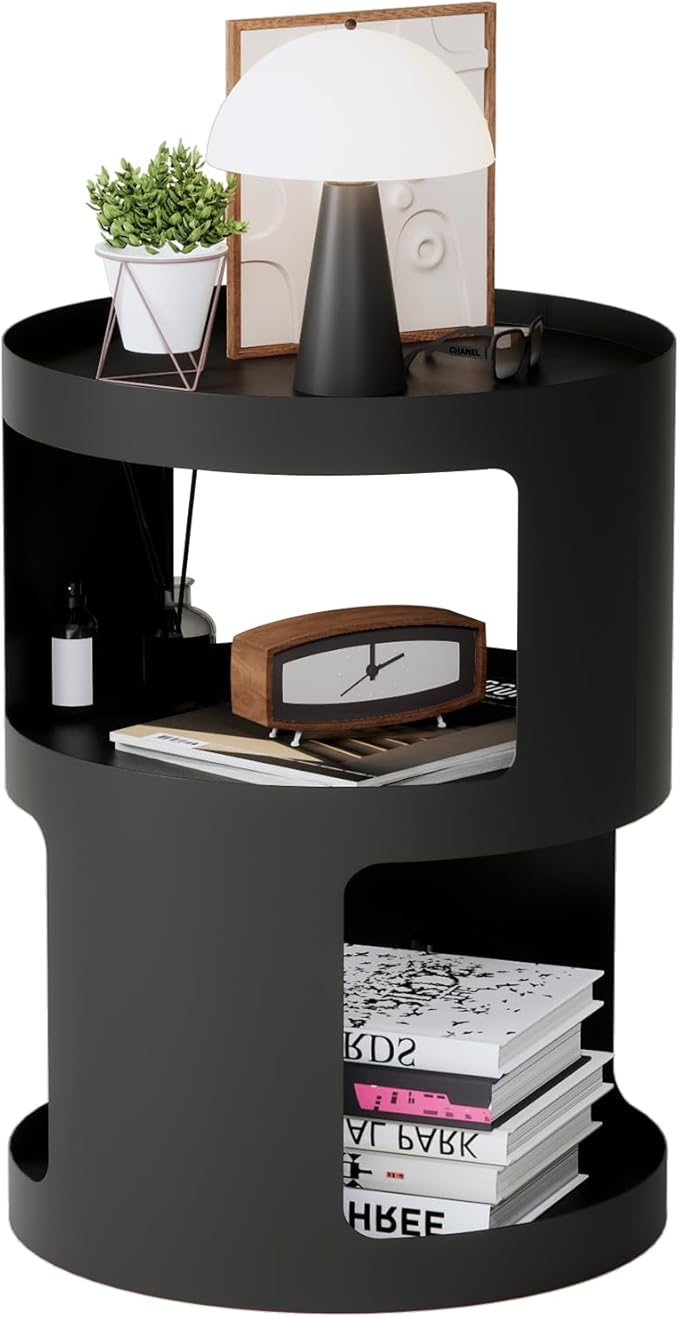 XIV Side Table, Round End Table, Modern Nightstand, Metal Accent Table, Small Bed Side Table for Living Room Bedroom, Bedside Table, Night Stand, No Assembly Required (Black, Round)