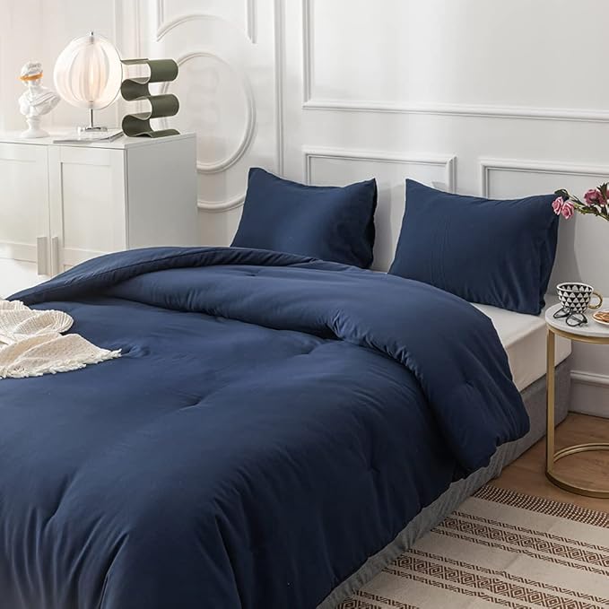 Pureant Navy Blue Comforter Queen Set Dark Blue Bedding Comforter Set Solid Color Blanket Quilts Men Women Cotton Blue Queen Size Bedding Breathable Soft Navy Blue Comforter with 2 Pillowcases